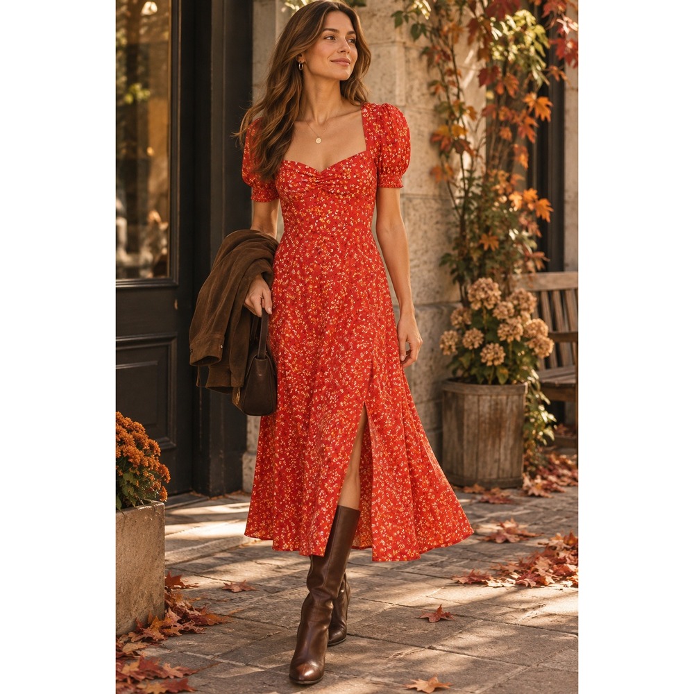 Reformation Lacey Red Floral Midi Dress Sweetheart neckline slit (MSRP: $278) O